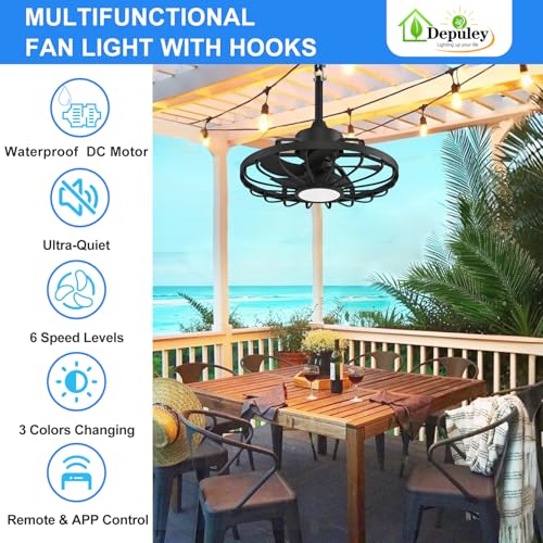 Depuley 20-Inch Black Outdoor Hanging Ceiling Fan with Light & App Remote - Waterproof Gazebo Fan with Reversible DC Motor