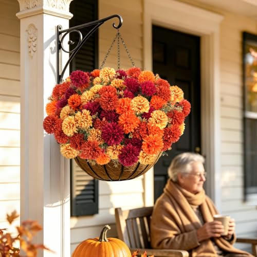 Artificial Fall Flowers 12 Pcs Burgundy Orange Caramel & Yellow Chrysanthemums Outdoor Decor