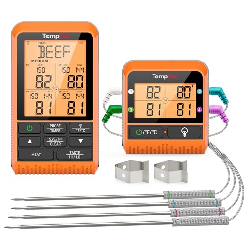 TempPro Wireless Meat Thermometer with 4 Probes - 1000FT Remote Grill & BBQ Thermometer