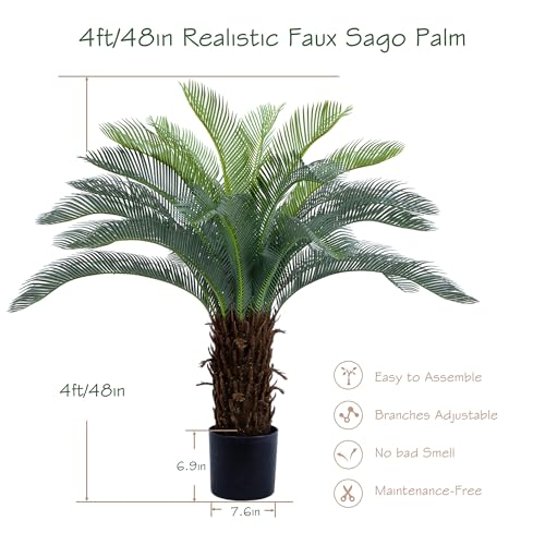 4ft UV-Resistant Faux Sago Palm Tree with Natural Bark & Lifelike Leaves for Indoor Outdoor Decor