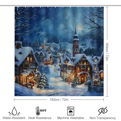 Christmas Tree Town Cabin Shower Curtain Set with Toilet Lid Cover & Rugs - Winter Holiday Bathroom Decor, 72x72 Inches