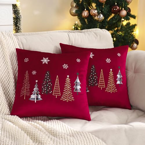 Tosleo 16x16 Inch Christmas Throw Pillow Covers Set of 2, Red Xmas Tree