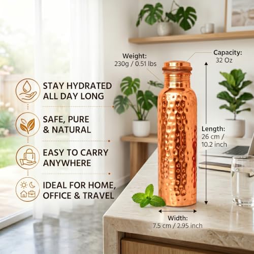 CuPure Hammered Copper Water Bottle 32 oz - Ayurvedic Leak-Proof Drinking Vessel
