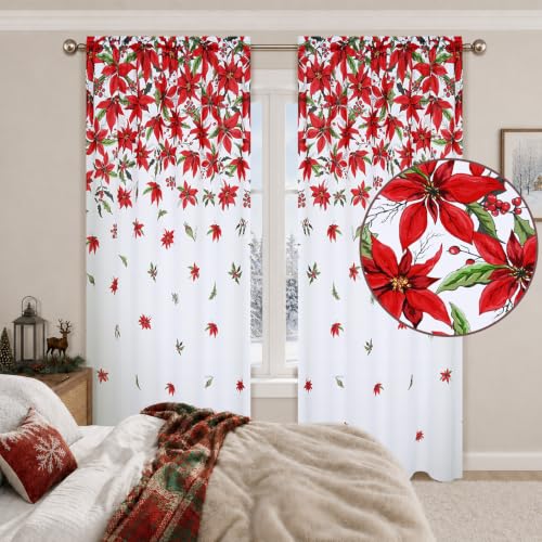 FRAMICS 84 in White Poinsettia Christmas Curtains, Light Filtering, 2 Panels
