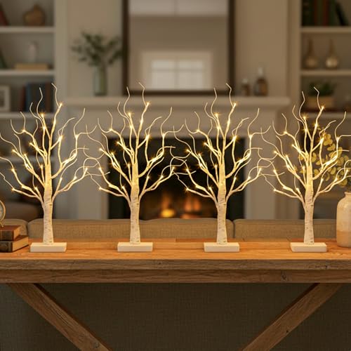 PABIPABI White Birch LED Tree Set of 4 with 24 Lights, 1ft 10in Each | Timer