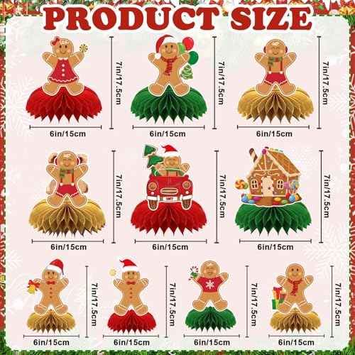 10 Pcs Christmas Honeycomb Centerpieces Gingerbread Christmas Table Centerpiece Gingerbread Decorations for Winter Holiday Merry Xams Party Favor Supplies