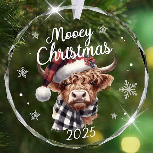 Christmas Ornaments 2025, Highland Cow Ornament for Christmas Tree Rustic Farmhouse Mooey Decorations Western Holiday Decor for Women Bestie Cow Lovers, Glass Christmas Tree Decorations