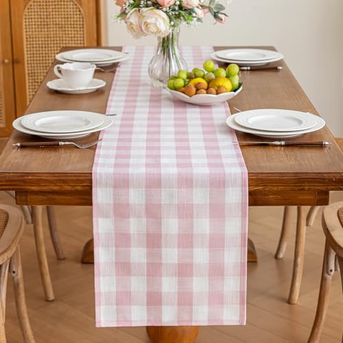 Alsoo Pink 90" x 13" Gingham Table Runner - Farmhouse Cotton Linen Decor