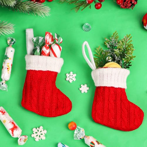 KIMOBER 12 Pcs Mini Knit Christmas Stockings,4 Inch Small Red Knitted