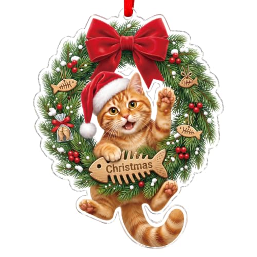 WaaHome Cat-5 Orange Tabby Christmas Ornament with Santa Hat – Lightweight Acrylic Gift for Cat Lovers