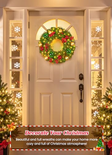 Minetom 24 Inch Pre-Lit Christmas Wreath with 50 LED Warm Lights for Front Door Decor