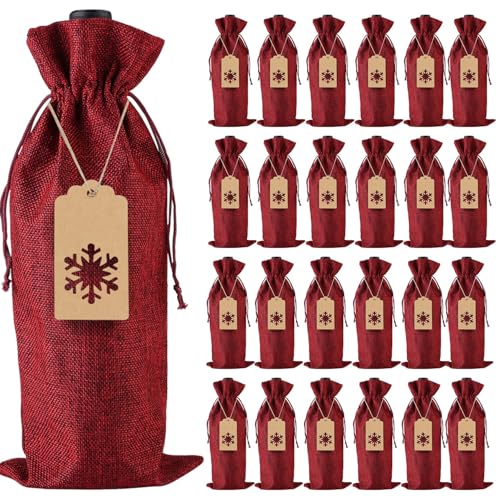 Jute Wine Gift Bags Set — 24 Pcs Burlap Bottle Covers with Drawstring, Ropes & Tags