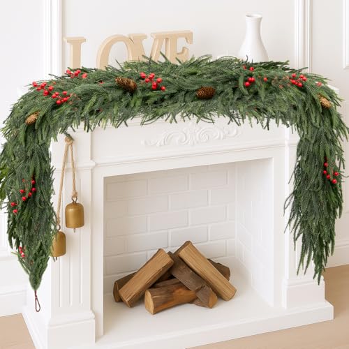 Bribay 6FT Norfolk Pine Artificial Christmas Garland Winter Decor - Layered with Berries
