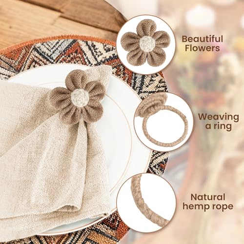 Napkin Rings Set of 6 – Khaki Jute Flower Napkin Holders