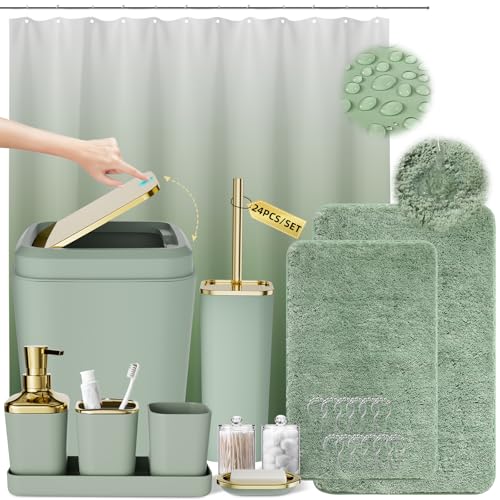 XLHOMO Sage Green Complete Bathroom Set Press-Lid with Rugs & Shower Curtain