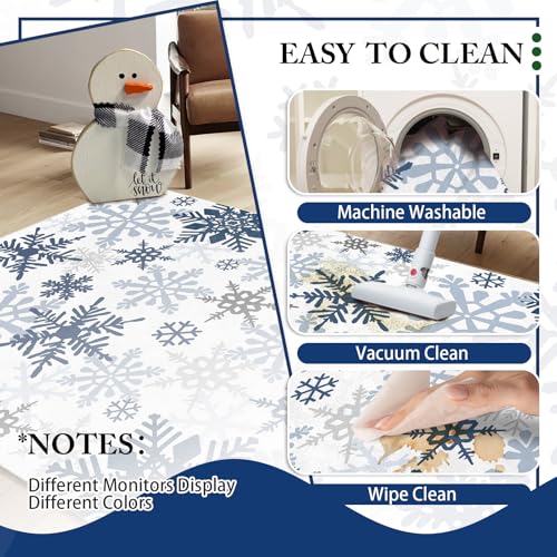 Livcoz Blue Snowflake Washable Area Rug 5x7 Ft - Winter Home Decor, Non-Slip