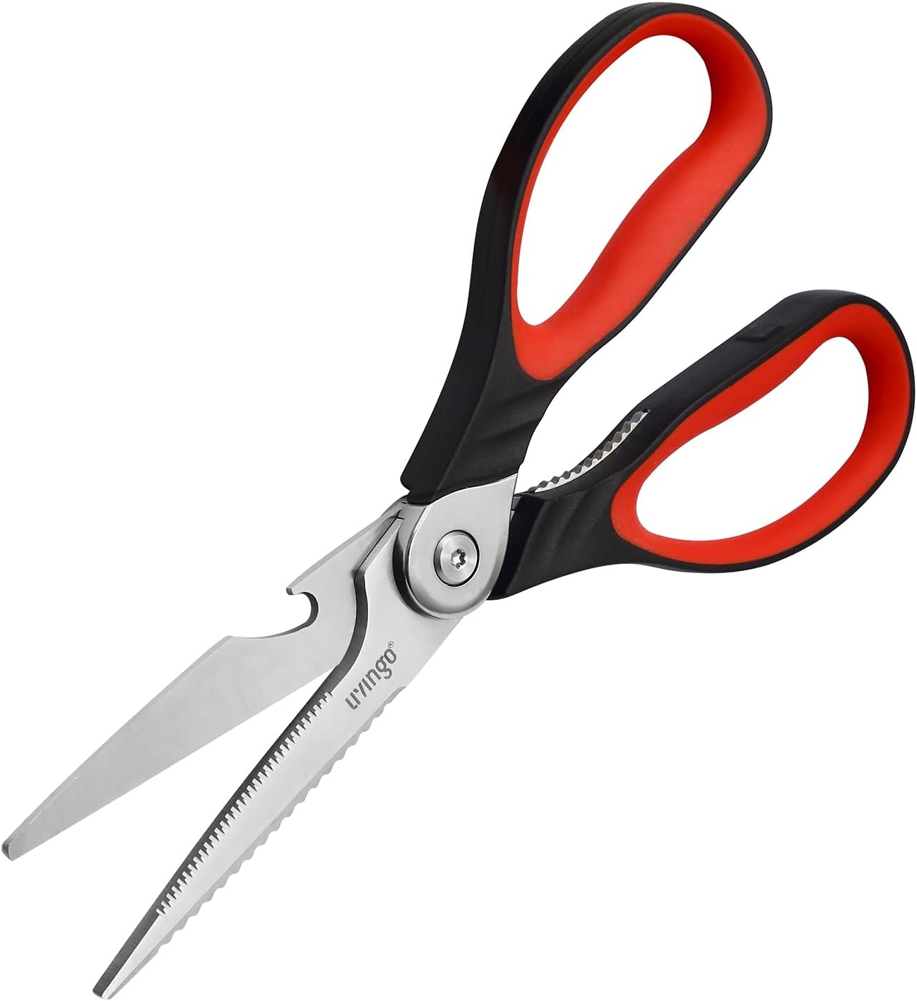 LIVINGO Heavy Duty Kitchen Scissors - Multi-Purpose Food Shears with Serrated Blades | Black & Red Handle