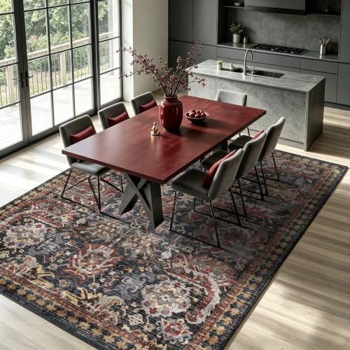 Washable Area Rug - Vintage Tribal Design, Non-Slip Water-Resistant, 6' x 9', Rust - Perfect for Living Room & Bedroom