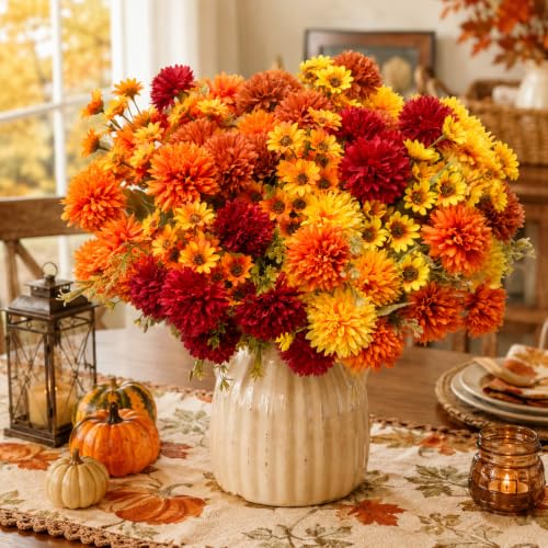 A-16pcs Fake Mums Artificial Fall Flowers for Outdoors Planters Decor - Flortevera