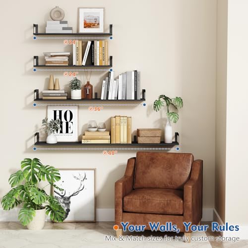 Black Wall Shelves Set of 3 - 24 x 8 Inch Floating Shelves for Bedroom & Living Room - Variation: 24 x 8 Inch / Black