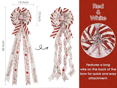 HUIHUANG Red Christmas Tree Topper Bow 13x45 Inch, Red and White, Wired Holiday Decor