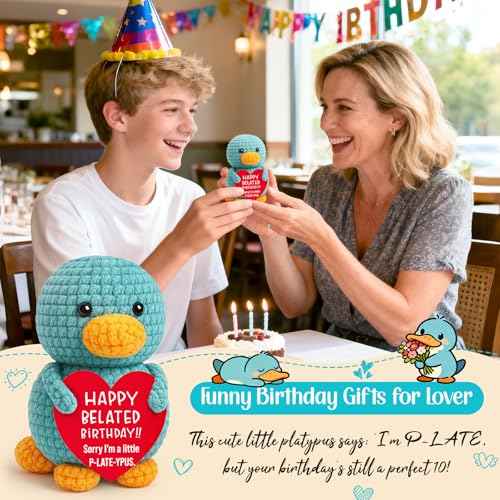 Belatelove Funny Birthday Cards for Women, Men ? Mini Handmade Crochet Platypus Birthday Gifts for Mom, Dad, Son, Daughter, Sister, Friends, Girls, Boys ? 2025 Christmas Desk Home Decorations
