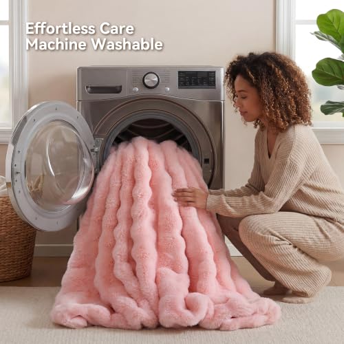 Pink Faux Rabbit Fur Throw Blanket 50x60in - Bubble Textured Couch Blanket for Home Decor
