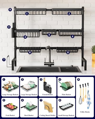 Kitsure Black Adjustable Over Sink Dish Drying Rack 31.5-39.4 Inches XL