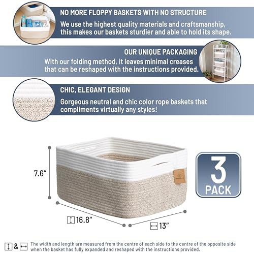 NaturalCozy 16.8 x 13 x 7.6 Inch Cotton Rope Storage Baskets 3-Pack Off White & Mixed Brown