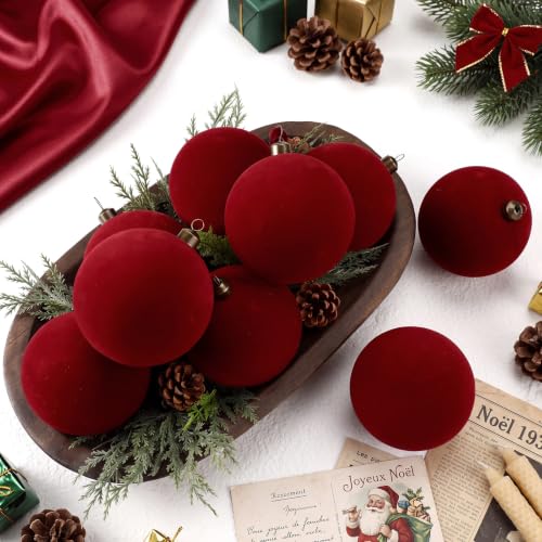 Large Burgundy Velvet Christmas Ball Ornaments, 4 Inch - Pack of 10