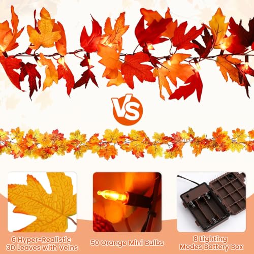 9Ft 2-Pack LED Maple Leaf Garland with Timer & 8 Modes - Fall Decorations