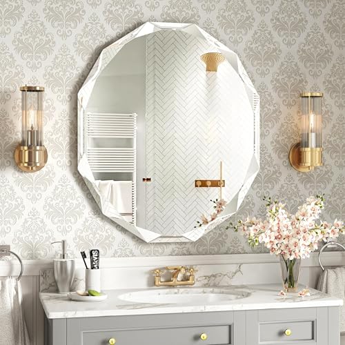 24x30 Inch Frameless Bathroom Mirror - Round, Diamond Beveled Edge, Wall Mount, Over Sink, 30L x 24W - Gray Finish