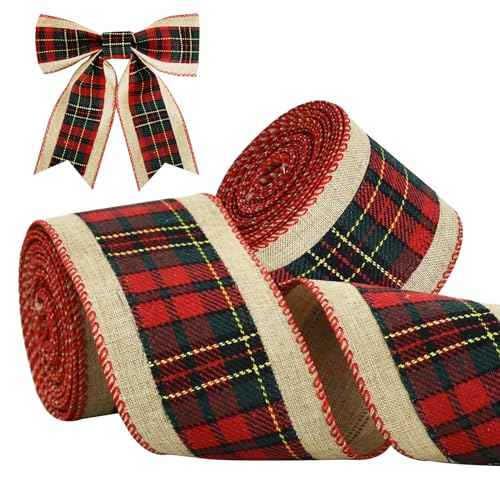 TONIFUL 2 Rolls-2.5 Inch Green and Red Plaid Check Burlap Ribbon, Burlap Wired Ribbon for Crafts Ornament Wrapping, Bows Making, Room and Party Decoration (6yds/roll)