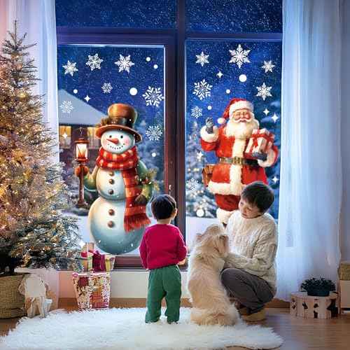 CCINEE Extra Large Christmas Window Clings, 2 Sheets Double-Sided Holiday Window Stickers Snowflakes Santa Claus Snowman Decals for Home Holiday Indoor Office School Decorations