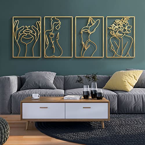 Gold Wall Art Decor - Minimalist Line Woman's Body Shape, 17x11.8 Inches, M Size, 4 Pack