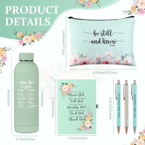 LemonRoad Green 6-Piece Christian Gift Set: 17oz Stainless Water Bottle + Cosmetic Bag, Notepad & Pens