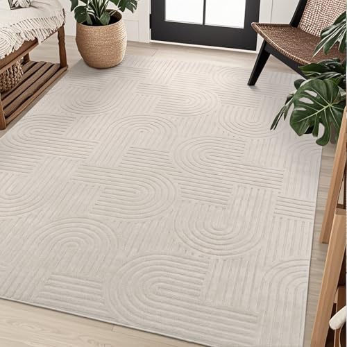 Beige 6'x9' Fluffy Geometric Area Rug with High-Low Pile - Non Slip Washable Modern Scandinavian Carpet for Living Room Bedroom