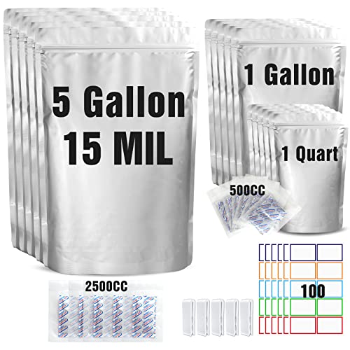15 Mil 5 Gallon Food Storage Mylar Bags with Oxygen Absorbers, Resealable