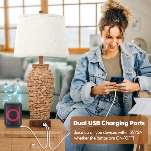 Natural Vase Set of 2 Rattan Table Lamps with USB Charging Ports - Farmhouse Rustic Woven Seagrass Bedside Lamps for Living Room & Bedroom - Cream Shade