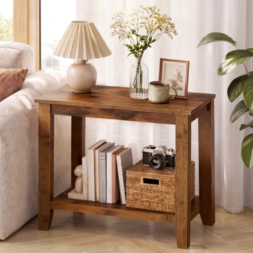 Rustic Brown 2-Tier End Table for Living Room - Sturdy Wooden Nightstand with 165 lbs Capacity - Compact Sofa Side Table for Small Spaces - Hoctieon 1 Pack