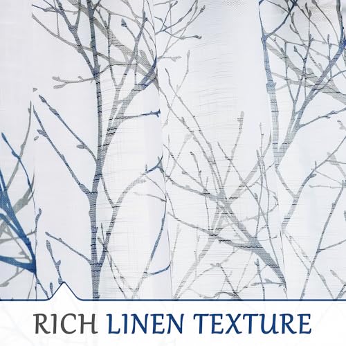 FMFUNCTEX Blue & White Linen Semi-Sheer Tree Branch Curtains, 84 Inch, Pack of 2, Branch Variation