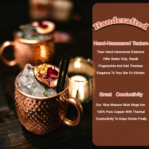 Copper Moscow Mule Mugs Set of 4 - 16oz Hammered Copper Cups with Handles