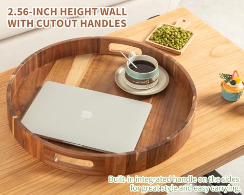 22-Inch Round Acacia Wood Ottoman Serving Tray with Handles - Large Decorative Organizer