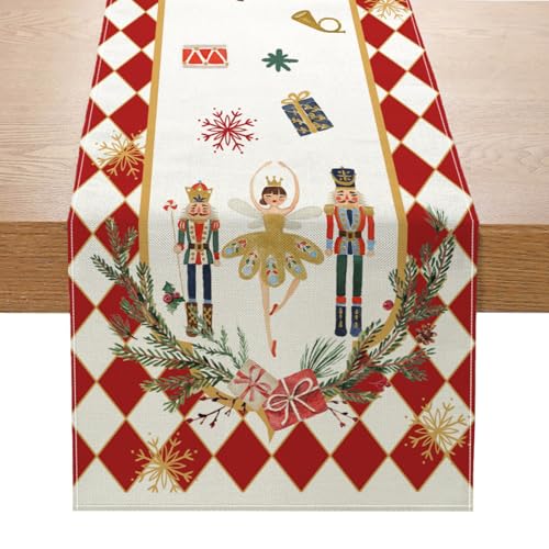 Christmas Nutcracker Table Runner 13x72 Inch, Red Plaid Winter