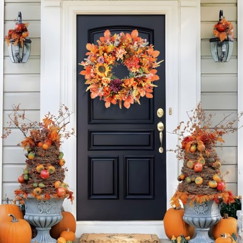 Luxurious Fall Wreath 26 Inch Front Door Decor Sunflowers Hydrangeas Dahlias Autumn Leaves - Outdoor Indoor Thanksgiving Harvest Farmhouse