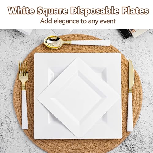 White Square Disposable Plastic Plates 100 Pack for Party - Pryntono