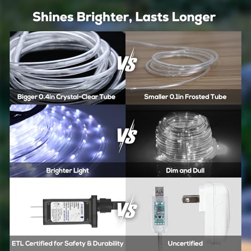 Soiarllt 100Ft Cool White LED Rope Lights Outdoor with Remote & Plug