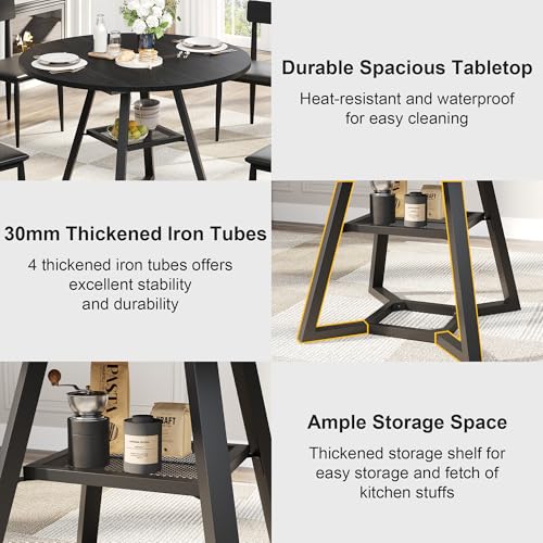 Black 47-Inch Round Dining Table for 4 with Pedestal Metal Frame Kitchen & Dining