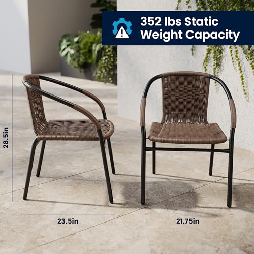 Dark Brown Set of 2 Indoor/Outdoor Rattan Dining Chairs - Stackable Bistro Seats