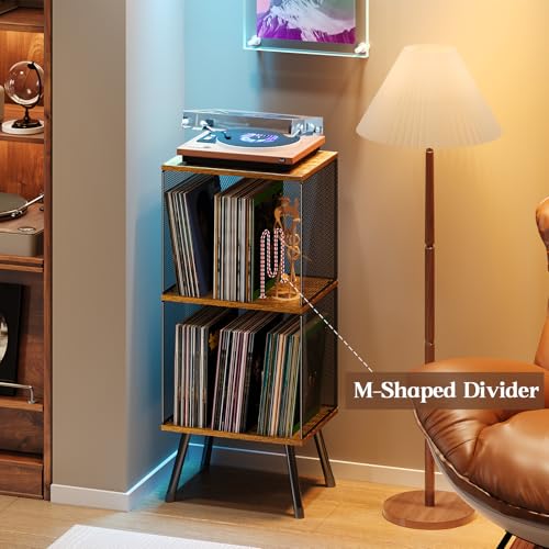 Brown 3-Tier Vinyl Record Stand with Storage and Adjustable Divider - 11.8"D x 15.7"W x 35.8"H